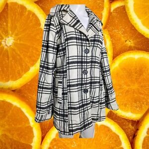 JouJou Plaid Wool Blend Coat Jacket Black White Checkered Pea Coat‎ M